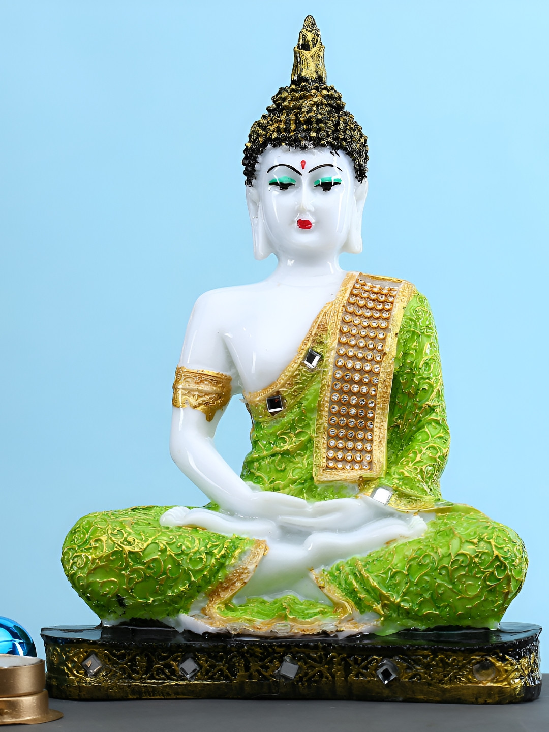 GW CREATIONS Gautam Buddha in Meditating Position Green Polyresin Matte Living Room Medium Showpiece - 2.4 Inches