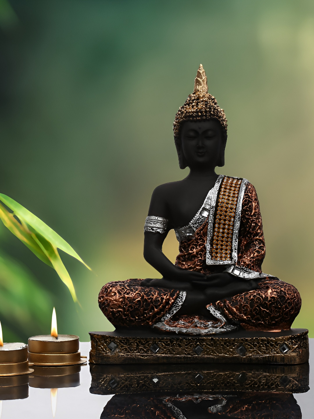 GW CREATIONS Lord Gautam Buddha in Meditating Position Black Polyresin Matte Prayer Room Medium Showpiece - 9.4 Inches