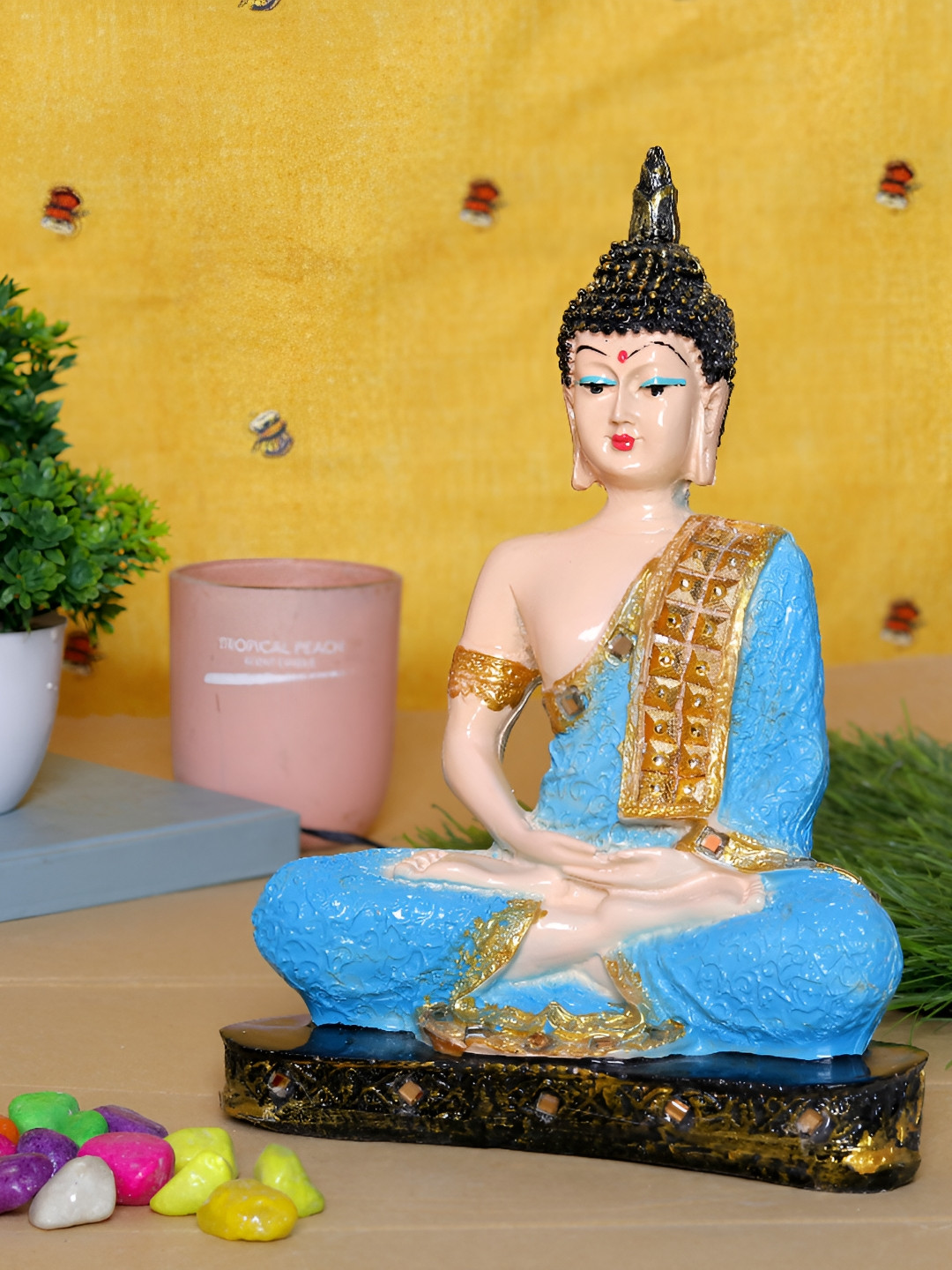 GW CREATIONS Lord Gautam Buddhain Meditating Position Cream Marble Glossy Home Office Medium Showpiece - 9.4 Inches