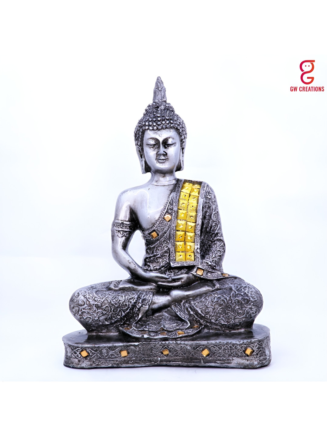 GW CREATIONS Lord Gautam Buddhain Meditating Position Silver Polyresin Metallic Prayer Room Medium Showpiece - 9.4 Inches