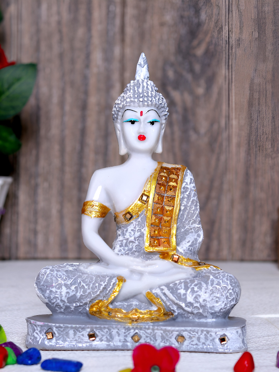 GW CREATIONS Gautam Buddha in Meditating Position Grey Marble Natural Prayer Room Medium Showpiece - 9.4 Inches