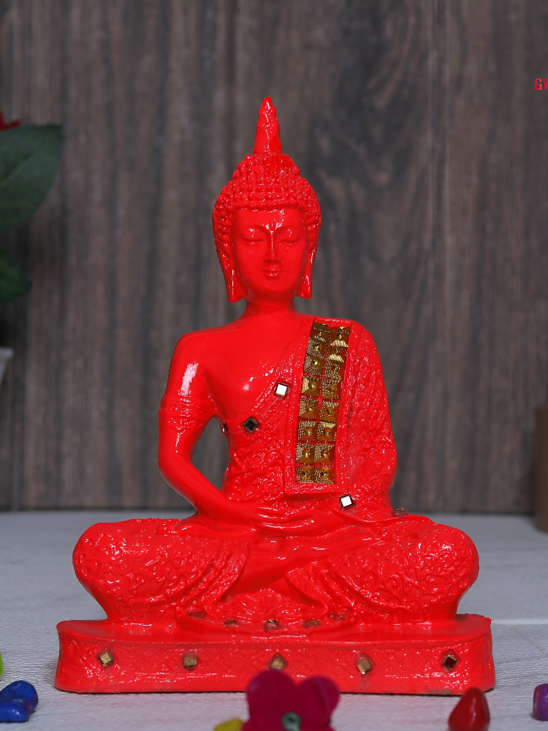 GW CREATIONS Gautam Buddha in Meditating Position Red Marble Glossy Living Room Medium Showpiece - 2.4 Inches
