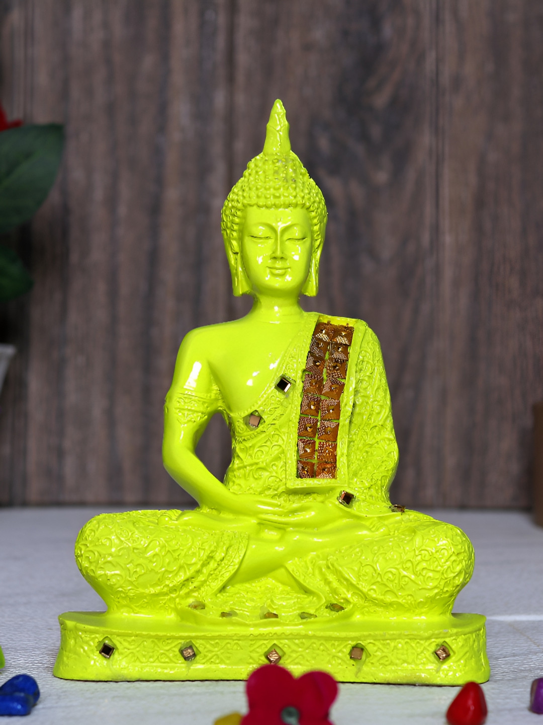 GW CREATIONS Gautam Buddha in Meditating Position Green Polyresin Metallic Prayer Room Medium Showpiece - 2.4 Inches