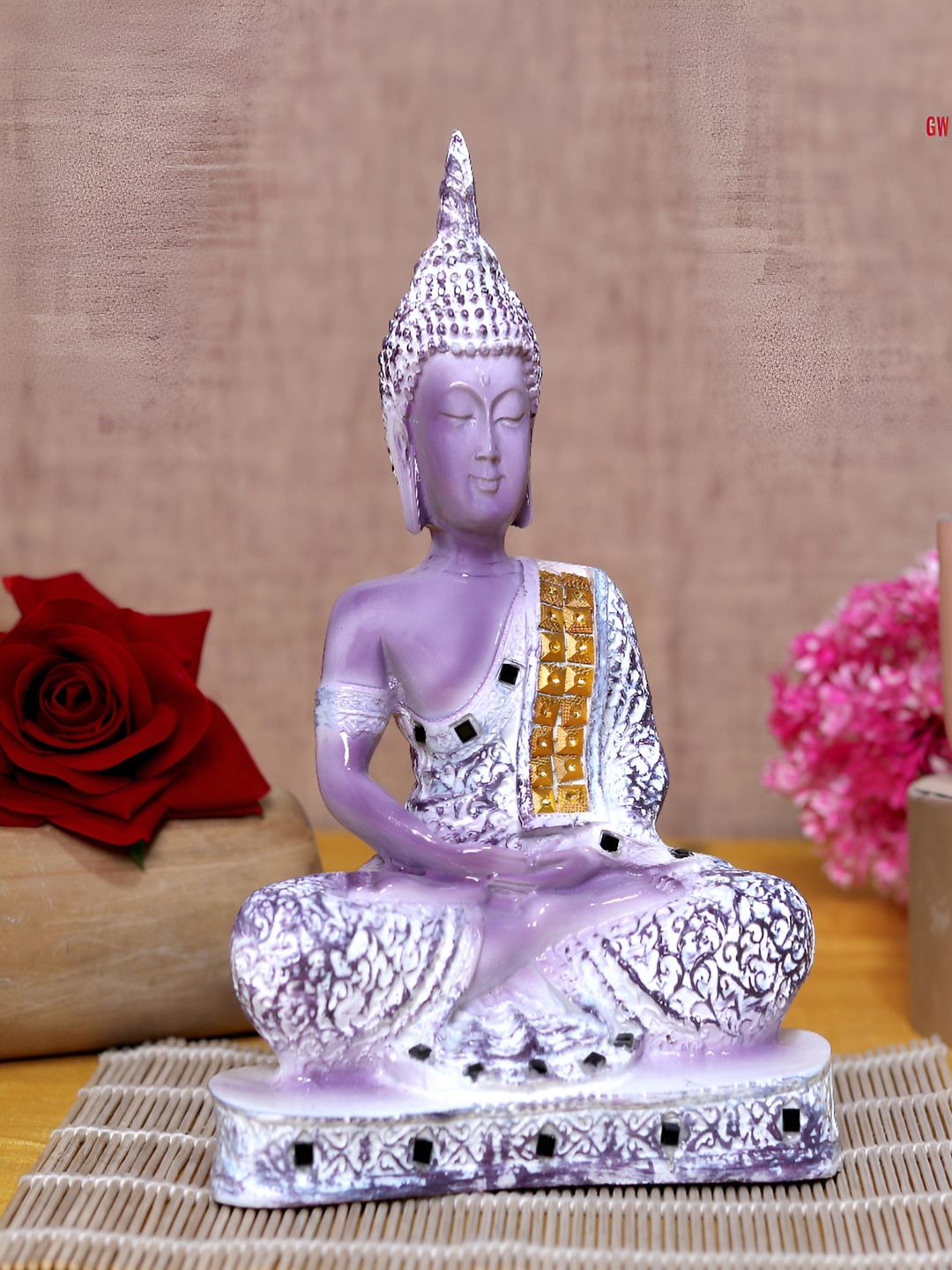 GW CREATIONS Gautam Buddha in Meditating Position Purple Polyresin Glossy Home Office Medium Showpiece - 9.4 Inches