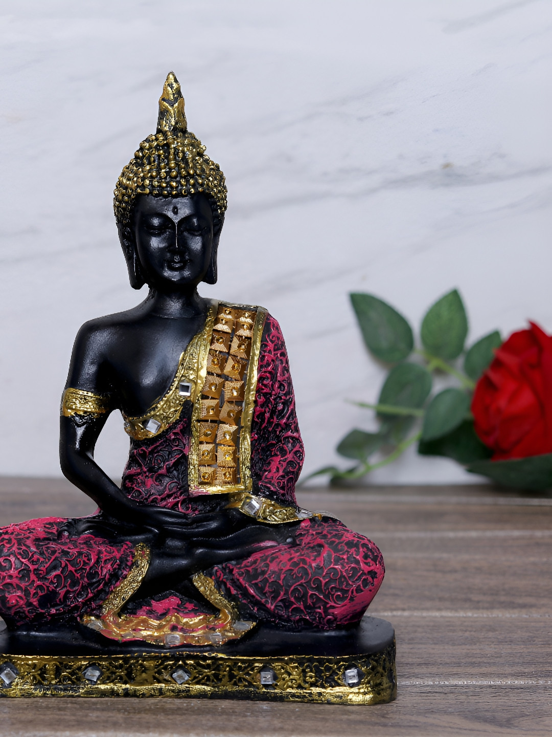 GW CREATIONS Beautiful Lord Gautam Buddhain Meditating Position Black Marble Matte Garden Medium Showpiece - 9.4 Inches