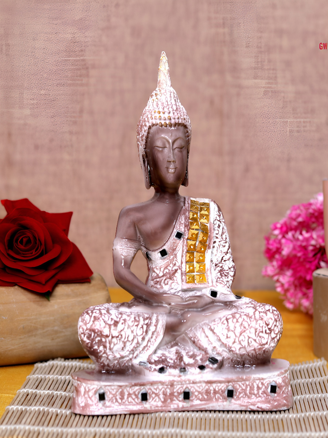GW CREATIONS Lord Gautam Buddhain Meditating Position Brown Polyresin Matte Prayer Room Medium Showpiece - 9.4 Inches