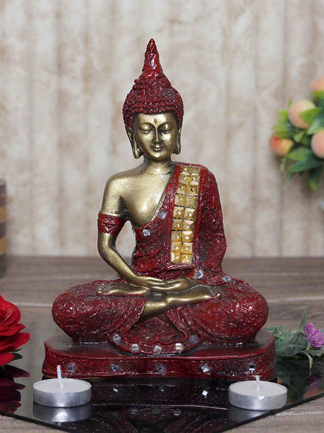 GW CREATIONS Beautiful Lord Gautam Buddhain Meditating Position Red Polyresin Glossy Living Room Medium Showpiece - 6.3 Inches