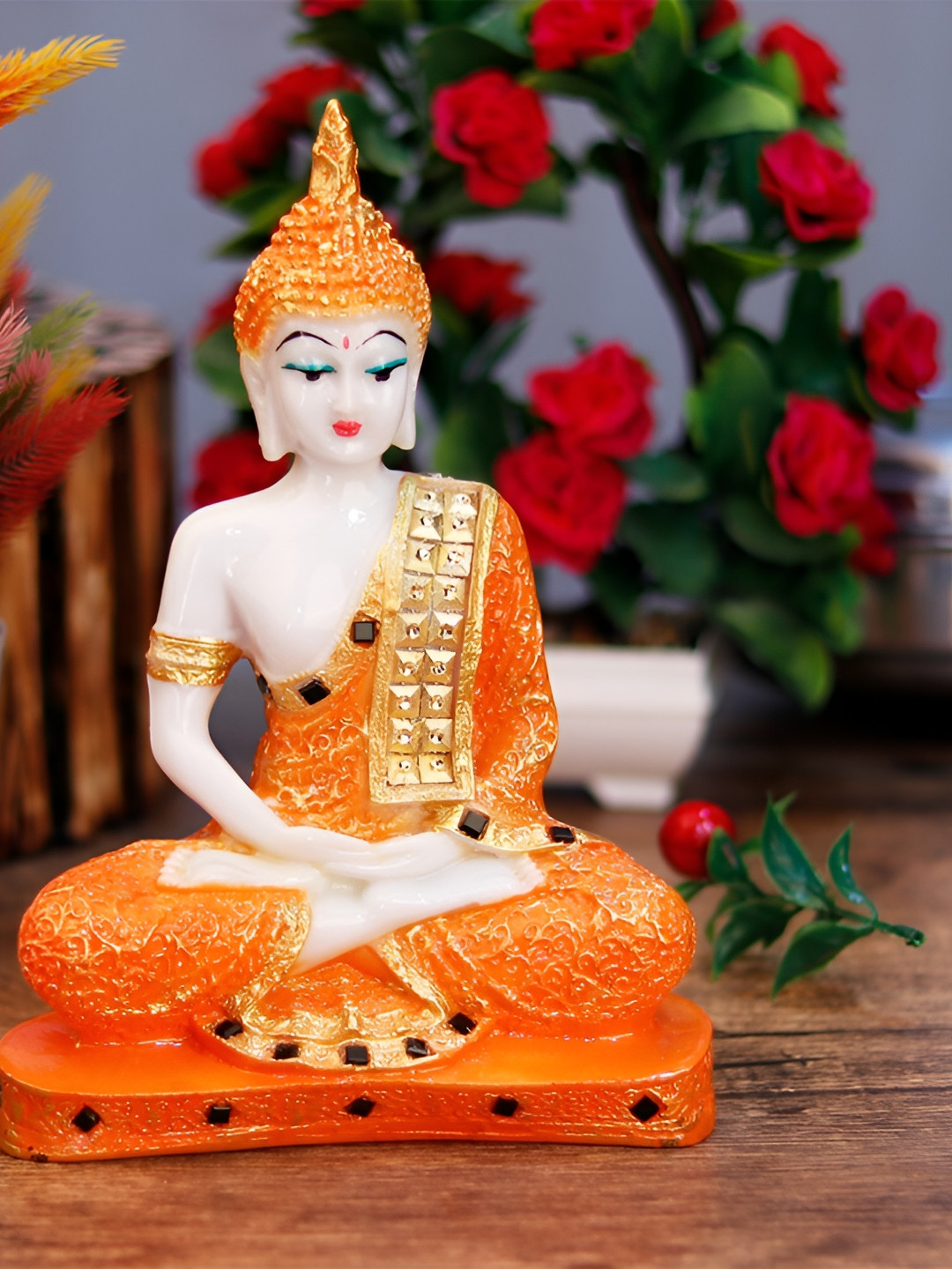GW CREATIONS Gautam Buddha in Meditating Position Orange Marble Glossy Living Room Medium Showpiece - 9.4 Inches