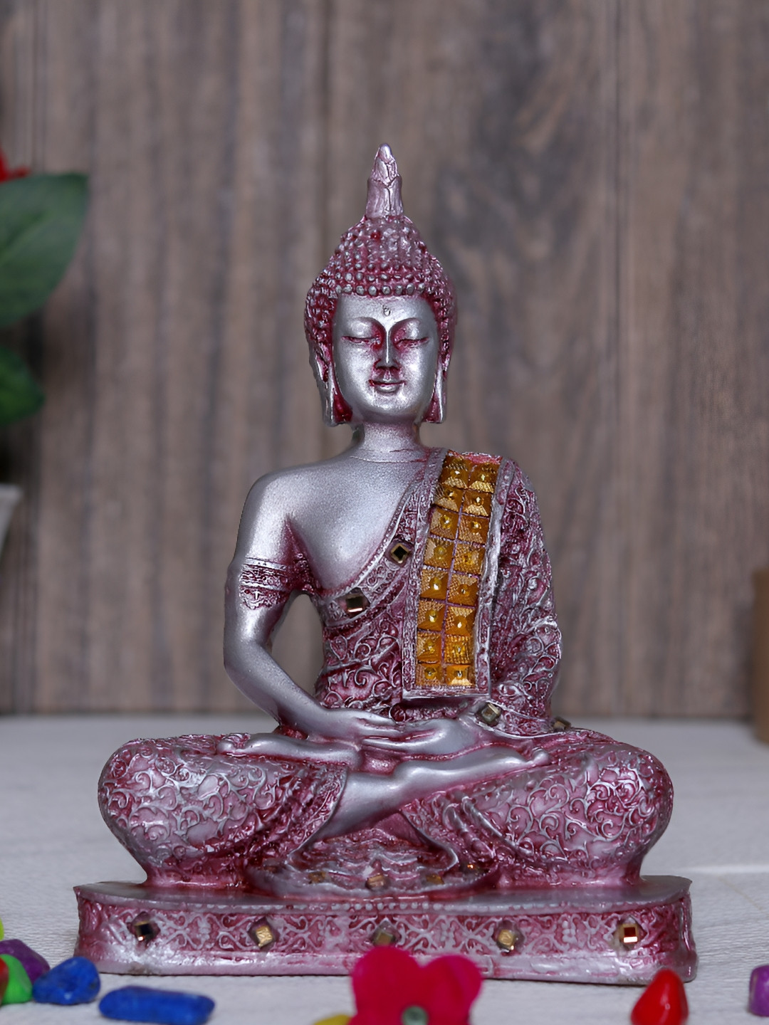 GW CREATIONS Lord Gautam Buddhain Meditating Position Silver Marble Glossy Home Office Medium Showpiece - 9.4 Inches
