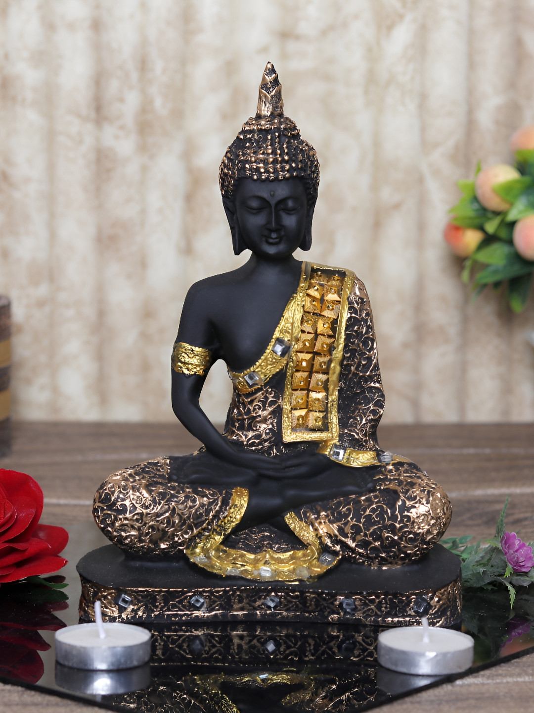 GW CREATIONS Lord Gautam Buddhain Meditating Position Black Polyresin Matte Garden Medium Showpiece - 2.4 Inches