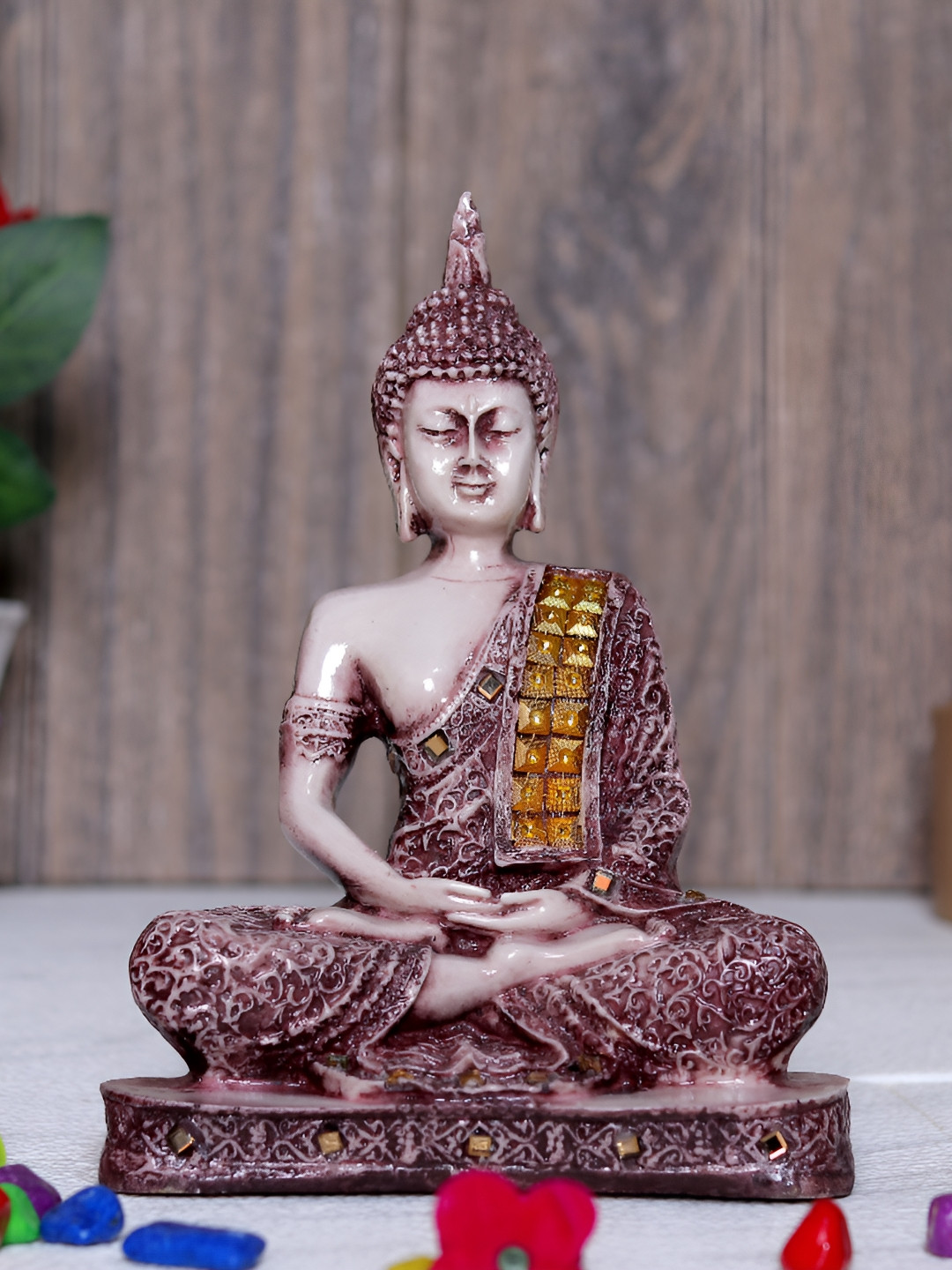 GW CREATIONS Lord Gautam Buddhain Meditating Position Copper Polyresin Glossy Living Room Medium Showpiece - 2.4 Inches