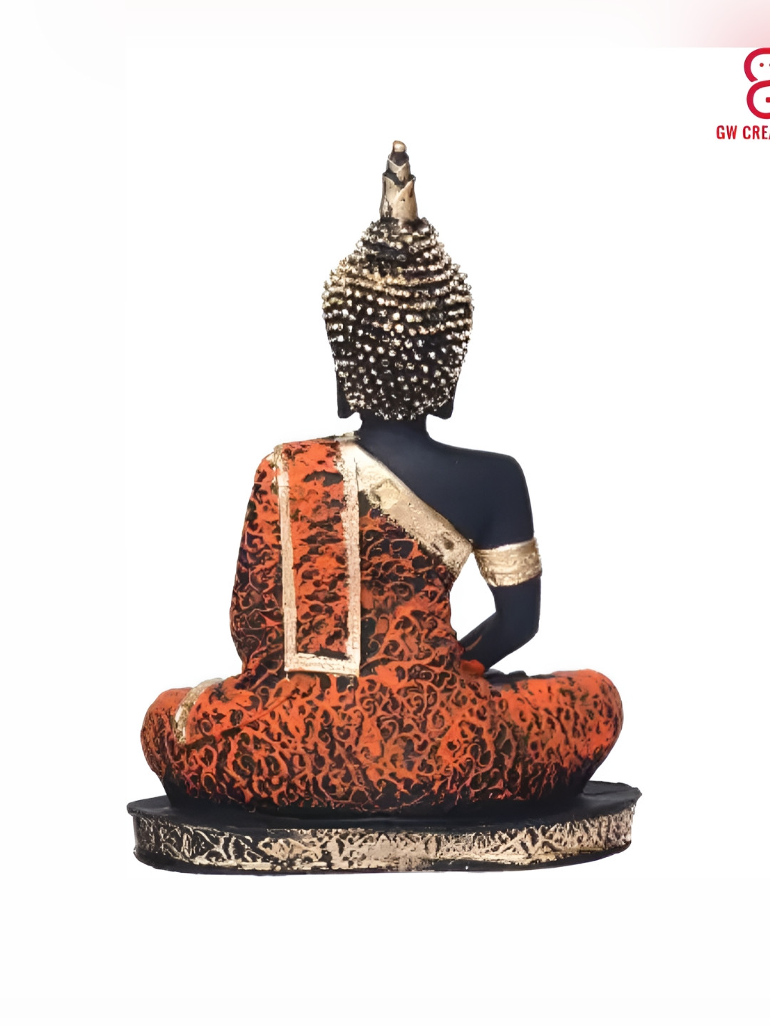 GW CREATIONS Lord Gautam Buddha in Meditating Position Orange Polyresin Glossy Living Room Medium Showpiece - 9.4 Inches