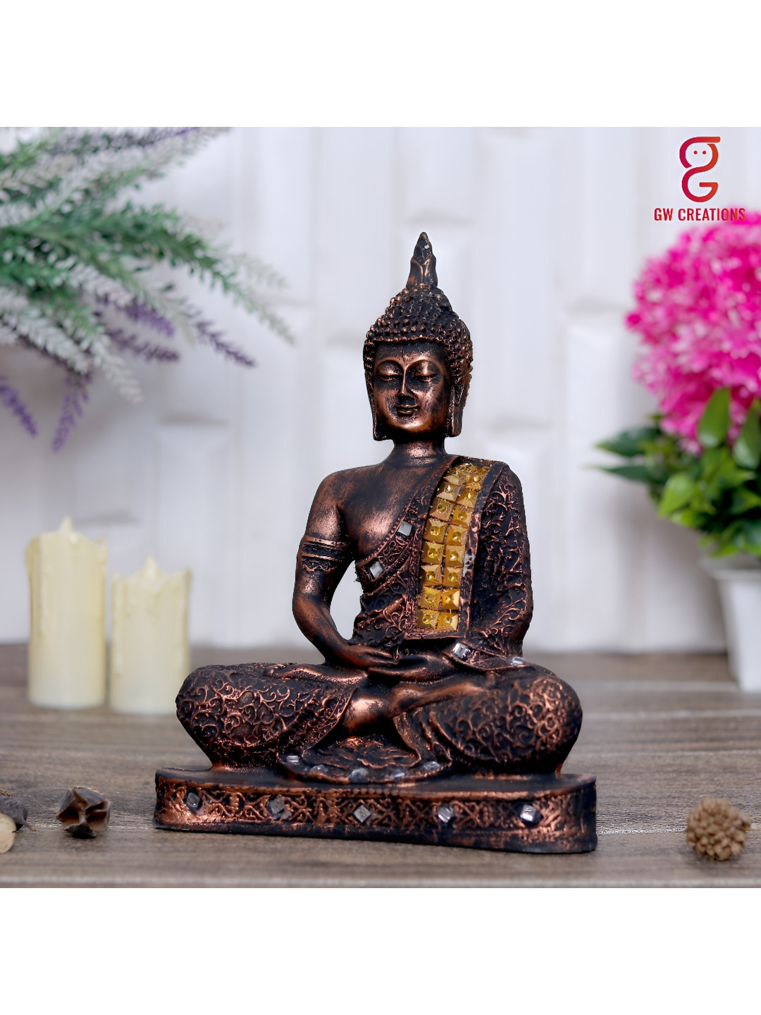 GW CREATIONS Beautiful Lord Gautam Buddhain Meditating Position Copper Polyresin Natural Living Room Medium Showpiece - 9.4 Inches