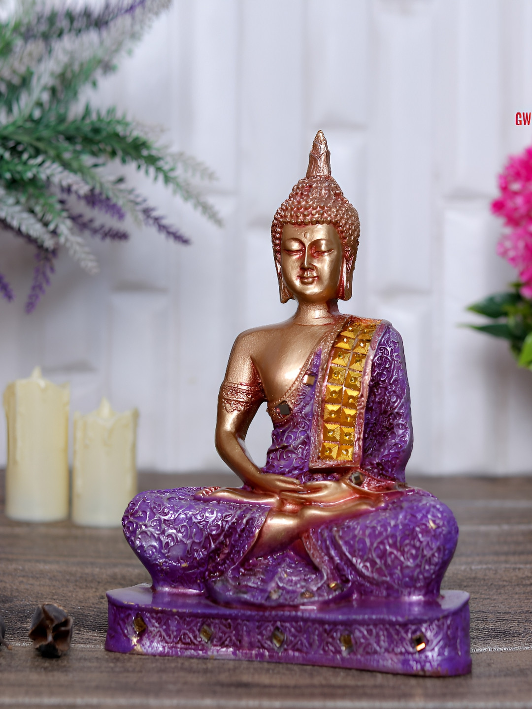 GW CREATIONS Gautam Buddha in Meditating Position Purple Polyresin Glossy Living Room Medium Showpiece - 6.3 Inches