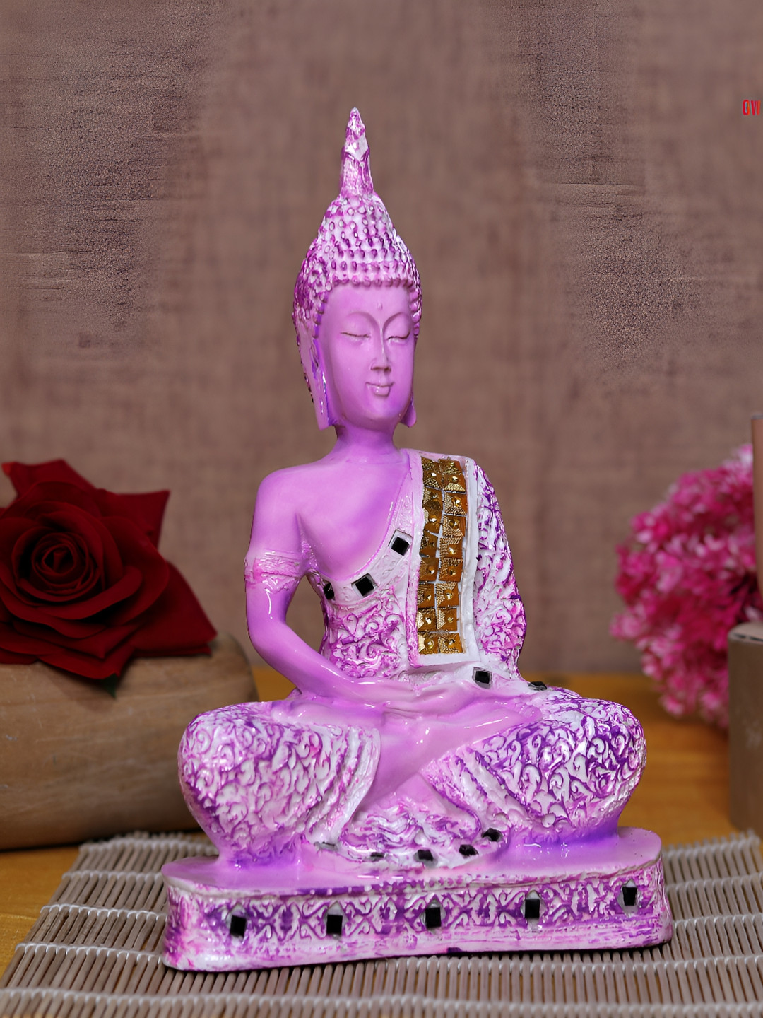 GW CREATIONS Gautam Buddha Meditating Position Pink Polyresin Glossy Living Room Medium Showpiece - 9.4 Inches