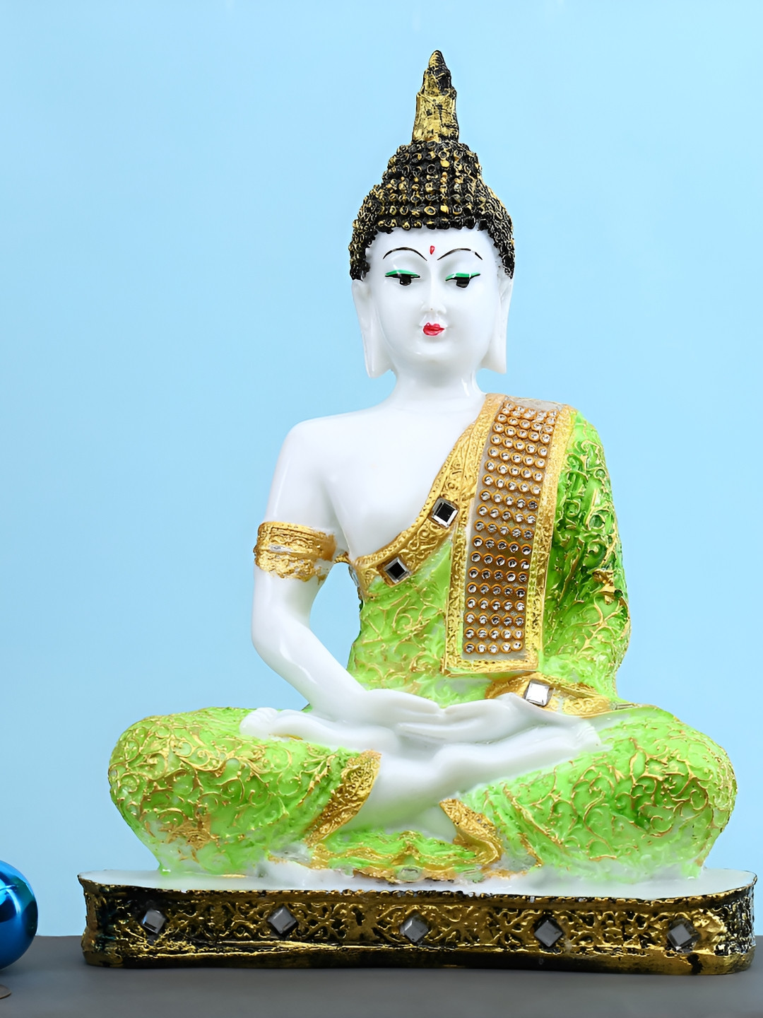 GW CREATIONS Gautam Buddha in Meditating Position Green Polyresin Glossy Home Office Medium Showpiece - 2.4 Inches