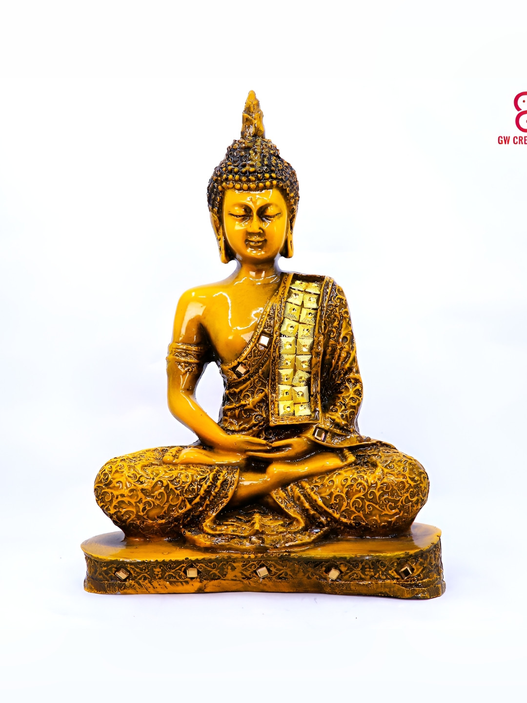 GW CREATIONS Beautiful Lord Gautam Buddhain Meditating Position Yellow Polyresin Glossy Prayer Room Medium Showpiece - 9.1 Inches