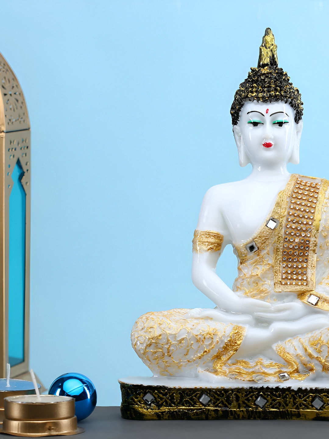 GW CREATIONS Gautam Buddha in Meditating Position Gold Polyresin Glossy Bedroom Medium Showpiece - 9.8 Inches