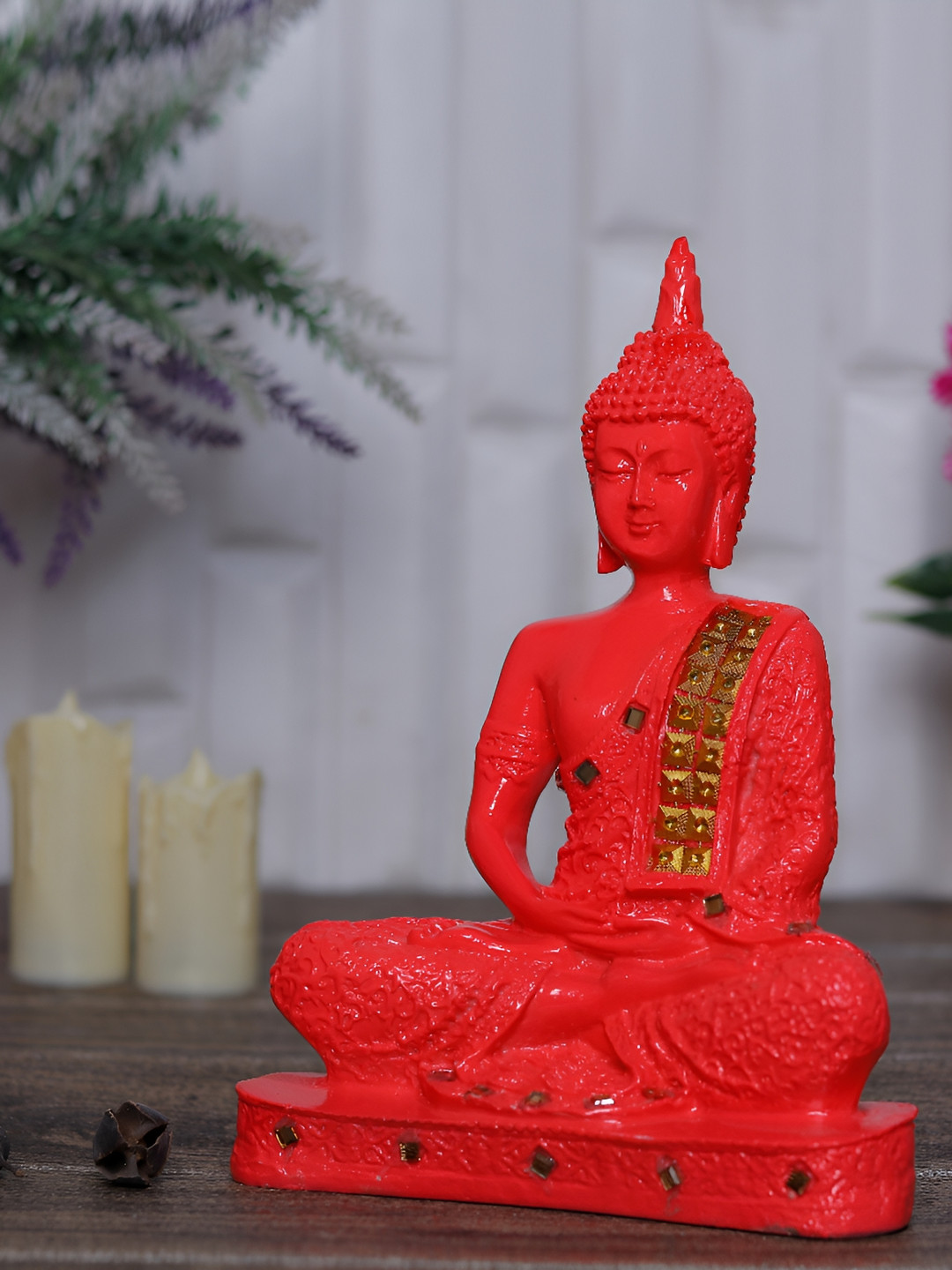 GW CREATIONS Gautam Buddha Meditating Position Red Polyresin Glossy Living Room Medium Showpiece - 2.4 Inches