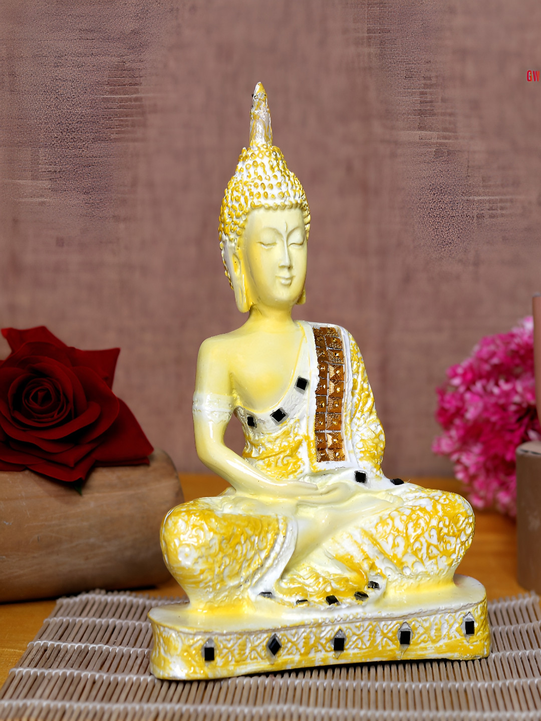 GW CREATIONS Gautam Buddha Meditating Position Yellow Polyresin Glossy Living Room Medium Showpiece - 6.3 Inches