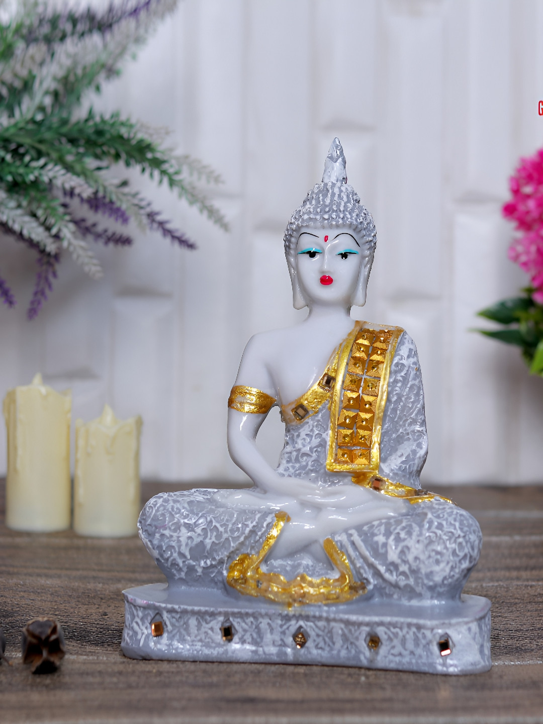 GW CREATIONS Gautam Buddha in Meditating Position Grey Polyresin Matte Prayer Room Medium Showpiece - 2.4 Inches