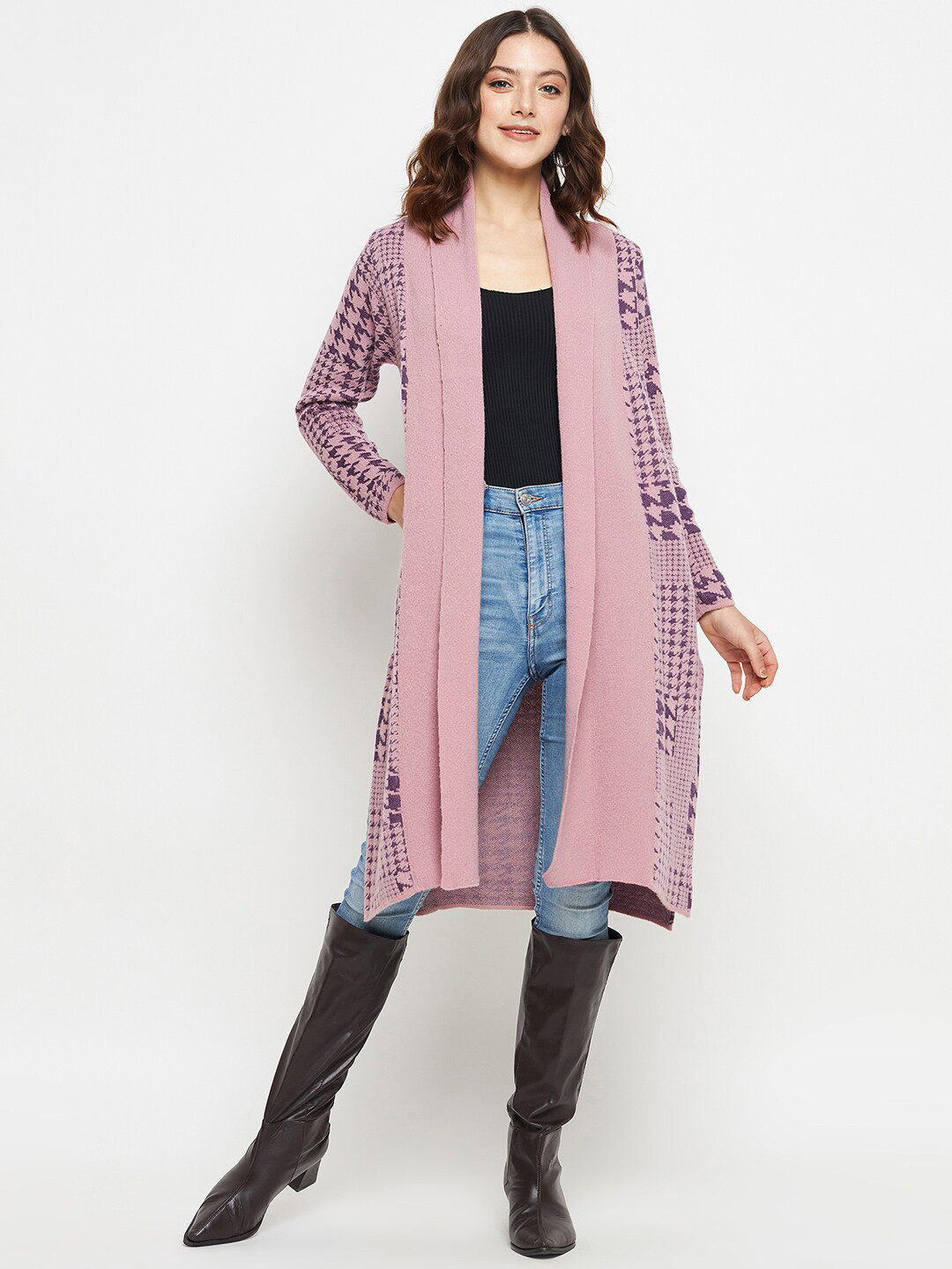 CREATIVE LINE Geometric Self Design Longline Woolen Shrug