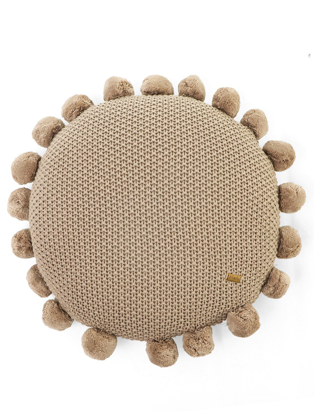Pluchi Beige Pom Pom Self Design Cotton Round Cushion Cover