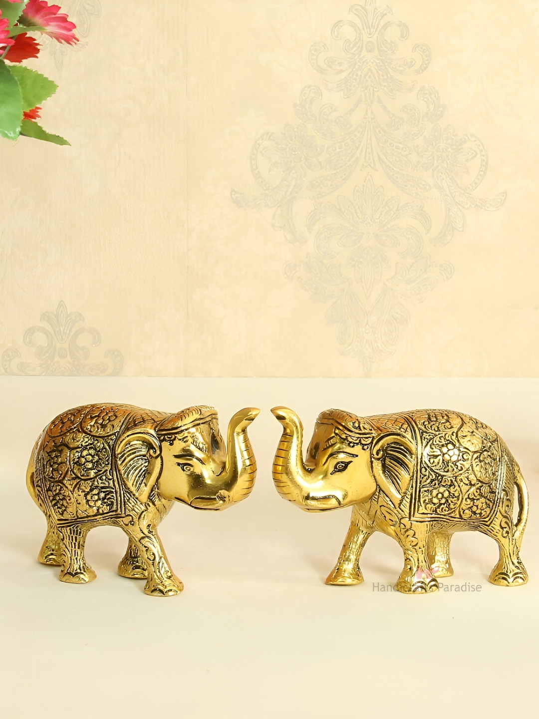 HANDICRAFTS PARADISE Elephant Pair Trunk Up Gold Metal Metallic Living Room Set of 2 Medium Showpieces - 2.3 Inches