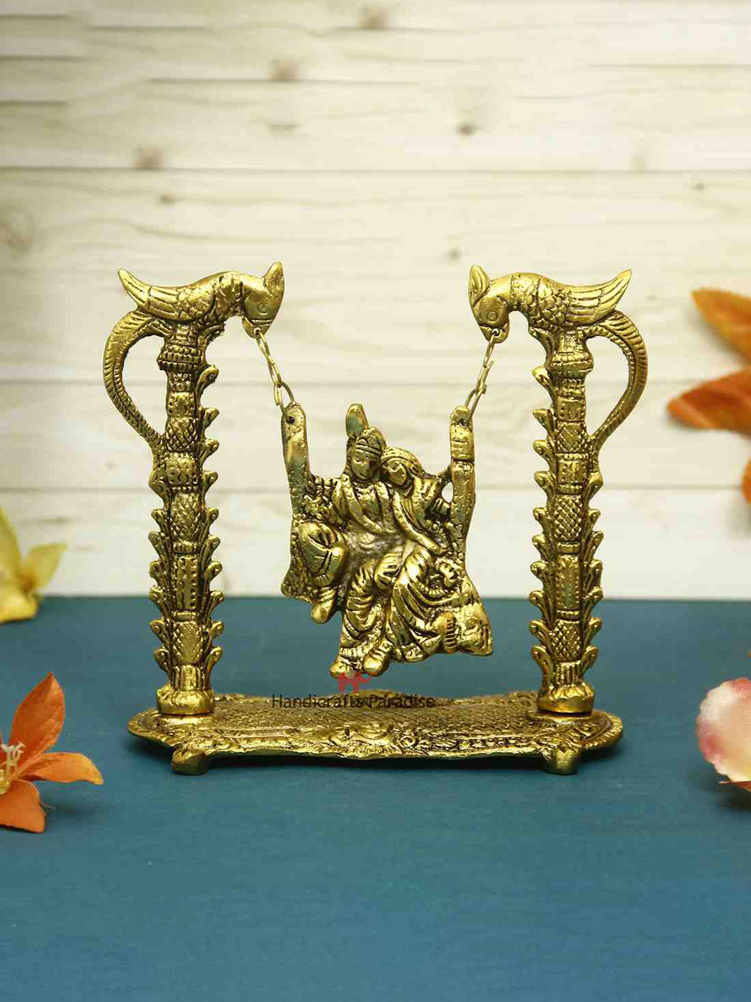HANDICRAFTS PARADISE Radha Krishna on Swing Gold Metal Metallic Prayer Room Medium Showpiece - 3.5 Inches