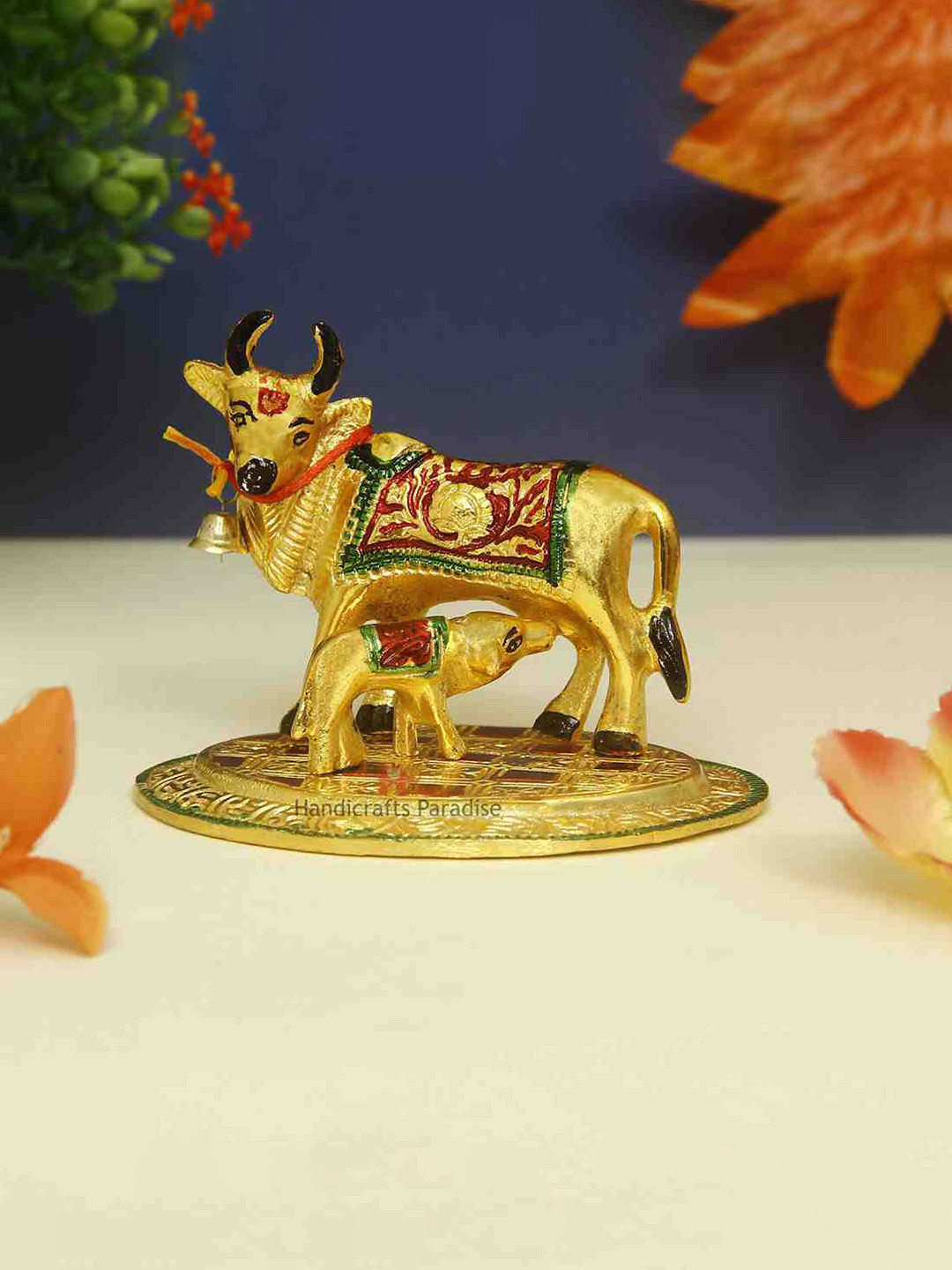 HANDICRAFTS PARADISE Cow with Baby Cow Gold Metal Metallic Prayer Room Small Showpiece - 5 Inches