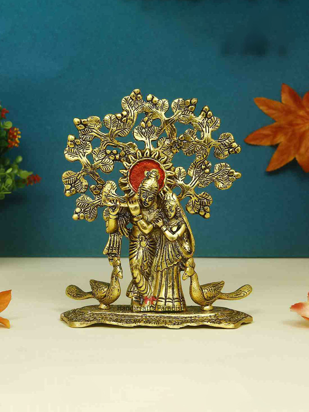 HANDICRAFTS PARADISE Radha Krishna Standing on Base with Peacocks and a Tree Gold Metal Metallic Prayer Room Small Showpiece - 8.3 Inches