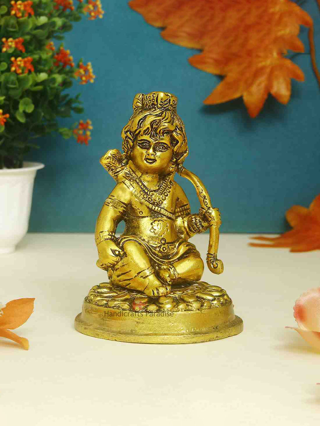 HANDICRAFTS PARADISE Lord Ram Playing with Dhanush Gold Metal Metallic Prayer Room Medium Showpiece - 4.3 Inches