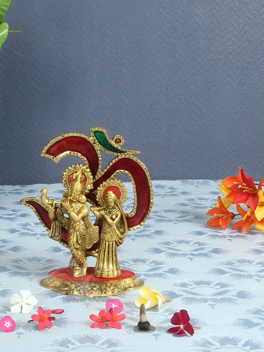 HANDICRAFTS PARADISE Radha Krishna Playing Flute with Om Gold Metal Metallic Prayer Room Small Showpiece - 7.5 Inches