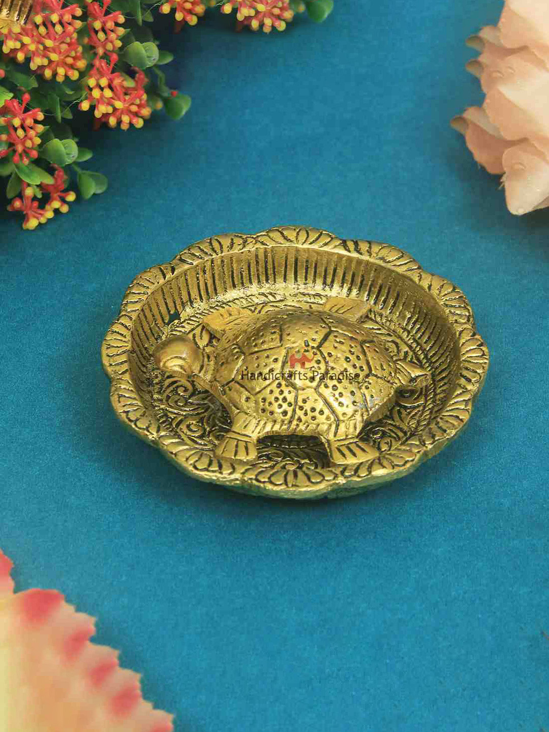 HANDICRAFTS PARADISE Tortoise Gold Metal Metallic Living Room Set of 2 Small Showpieces - 4.5 Inches