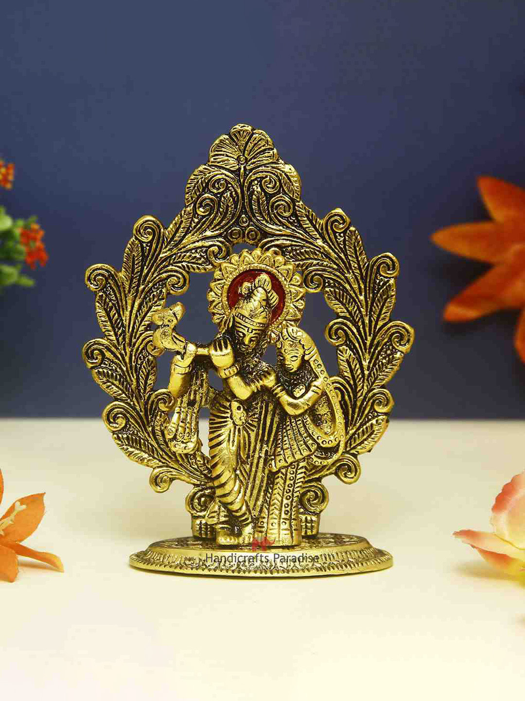 HANDICRAFTS PARADISE Radha Krishna Playing Flute with Arch At the Back Gold Metal Metallic Prayer Room Small Showpiece - 7 Inches