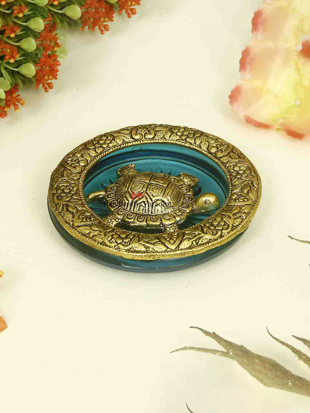 HANDICRAFTS PARADISE Tortoise Blue Metal Metallic Home Office Set of 2 Medium Showpieces - 1 Inches