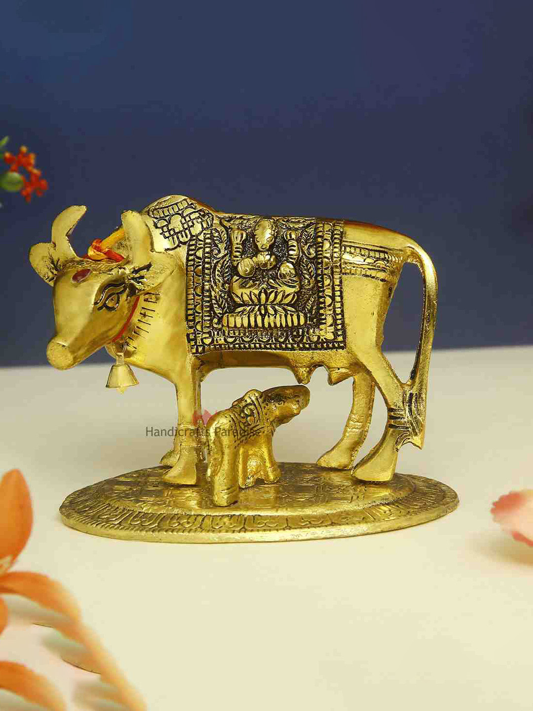 HANDICRAFTS PARADISE Cow Baby Gold Metal Metallic Living Room Medium Showpiece - 4.5 Inches