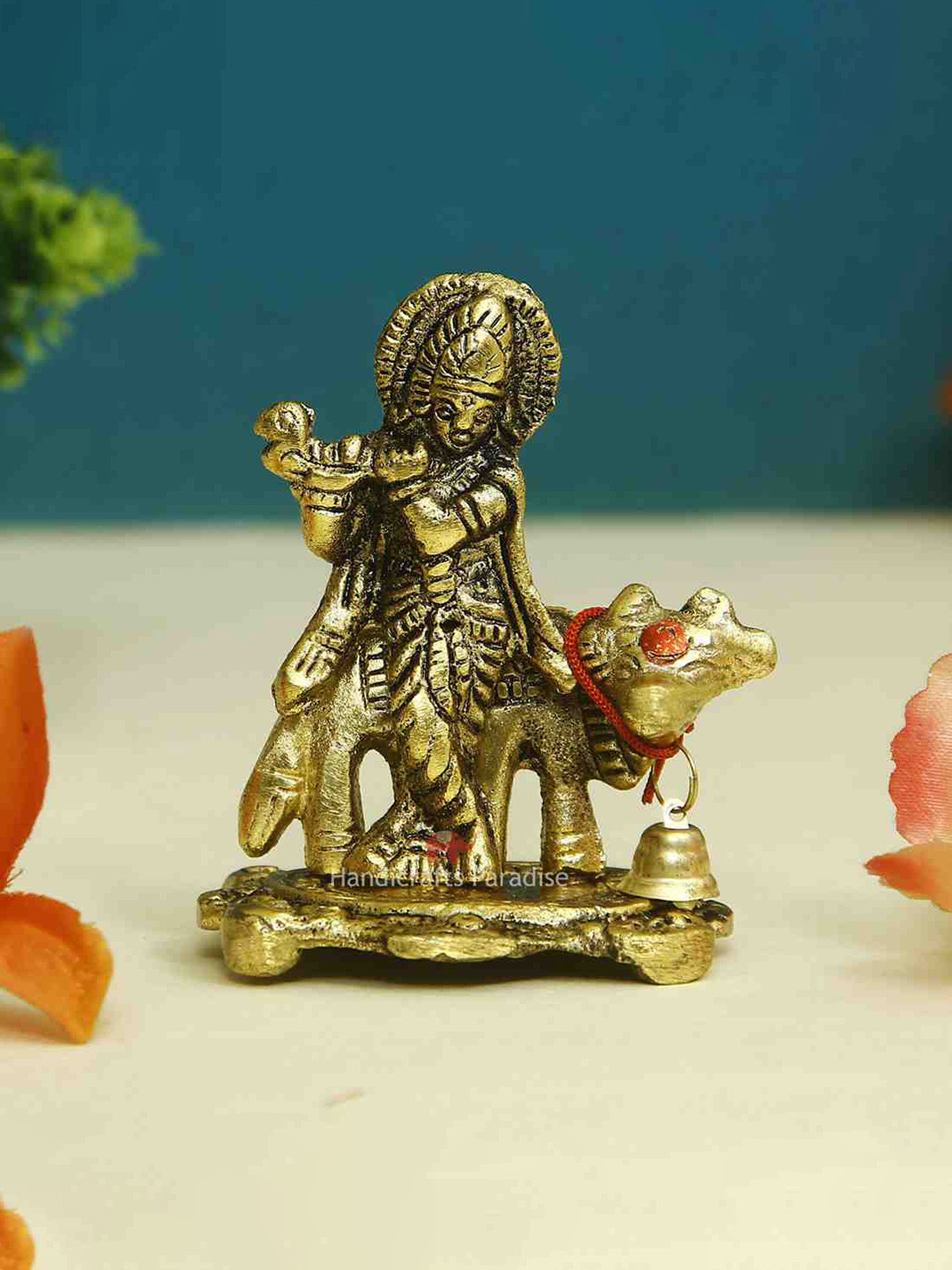 HANDICRAFTS PARADISE Krishna with Cow Gold Metal Metallic Prayer Room Tiny Showpiece - 4 Inches