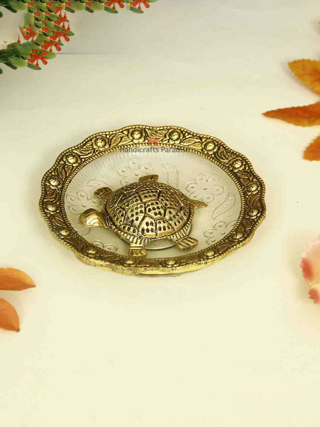 HANDICRAFTS PARADISE Tortiose on Plate Gold Metal Metallic Living Room Set of 2 Small Showpieces - 5.5 Inches