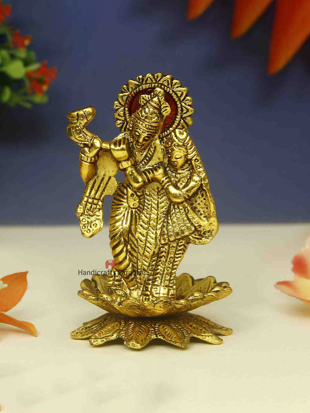 HANDICRAFTS PARADISE Radha Krishna Playing Flute Standing on Lotus Gold Metal Metallic Prayer Room Hand-Crafted Small Showpiece - 5.5 Inches