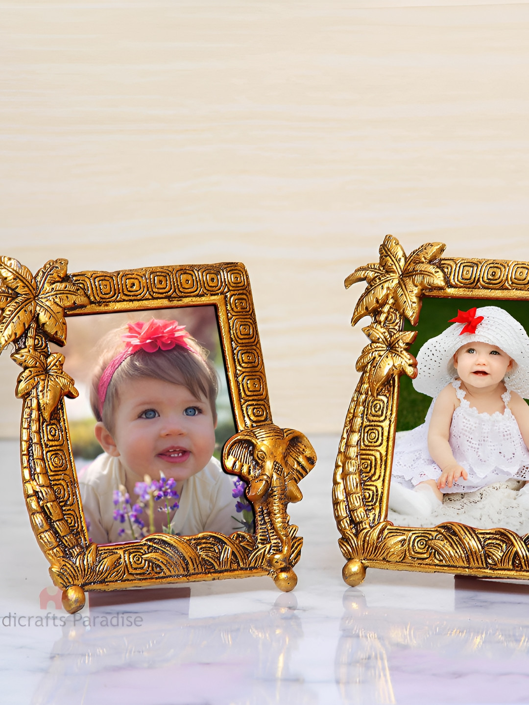 HANDICRAFTS PARADISE Elephant Face and Coconut Tree Gold Metal Metallic Living Room Set of 2 Medium Showpieces - 6 Inches