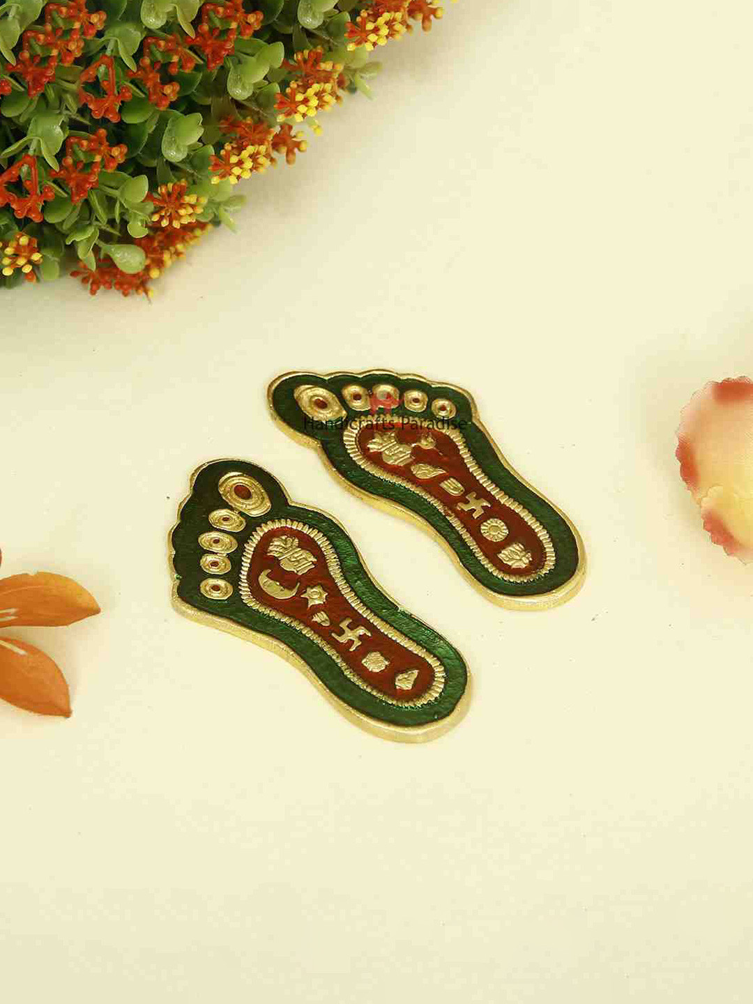 HANDICRAFTS PARADISE Paduka Gold Metal Metallic Prayer Room Set of 2 Small Showpieces - 4.5 Inches