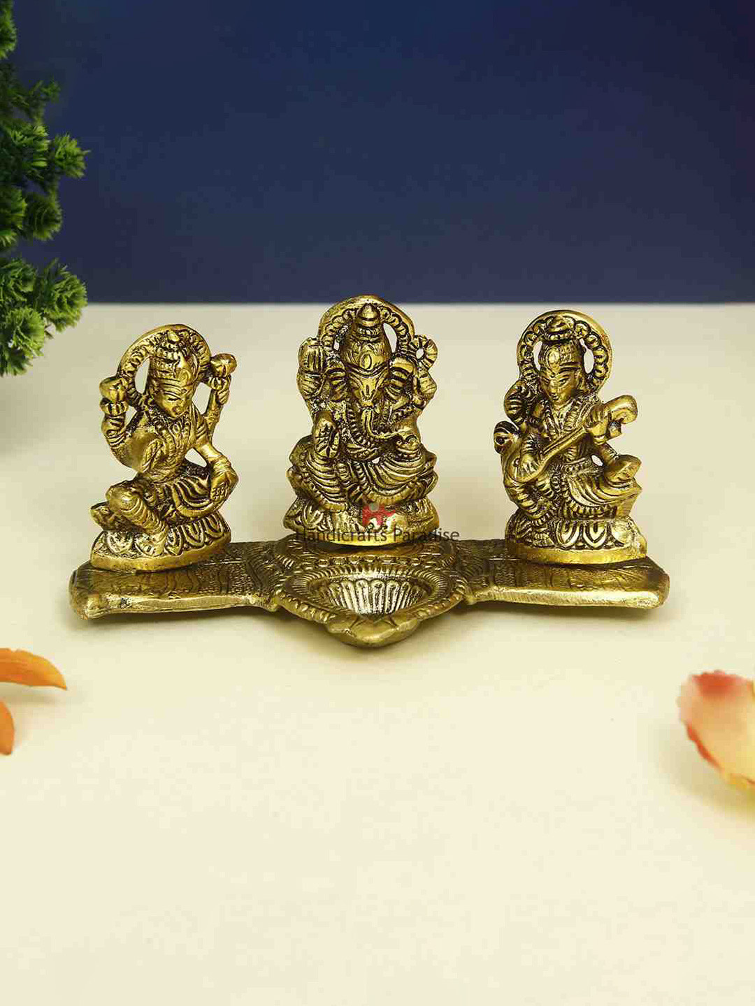 HANDICRAFTS PARADISE Lakshmi Ganesh Saraswati with Diya Gold Metal Metallic Prayer Room Small Showpiece - 8 Inches