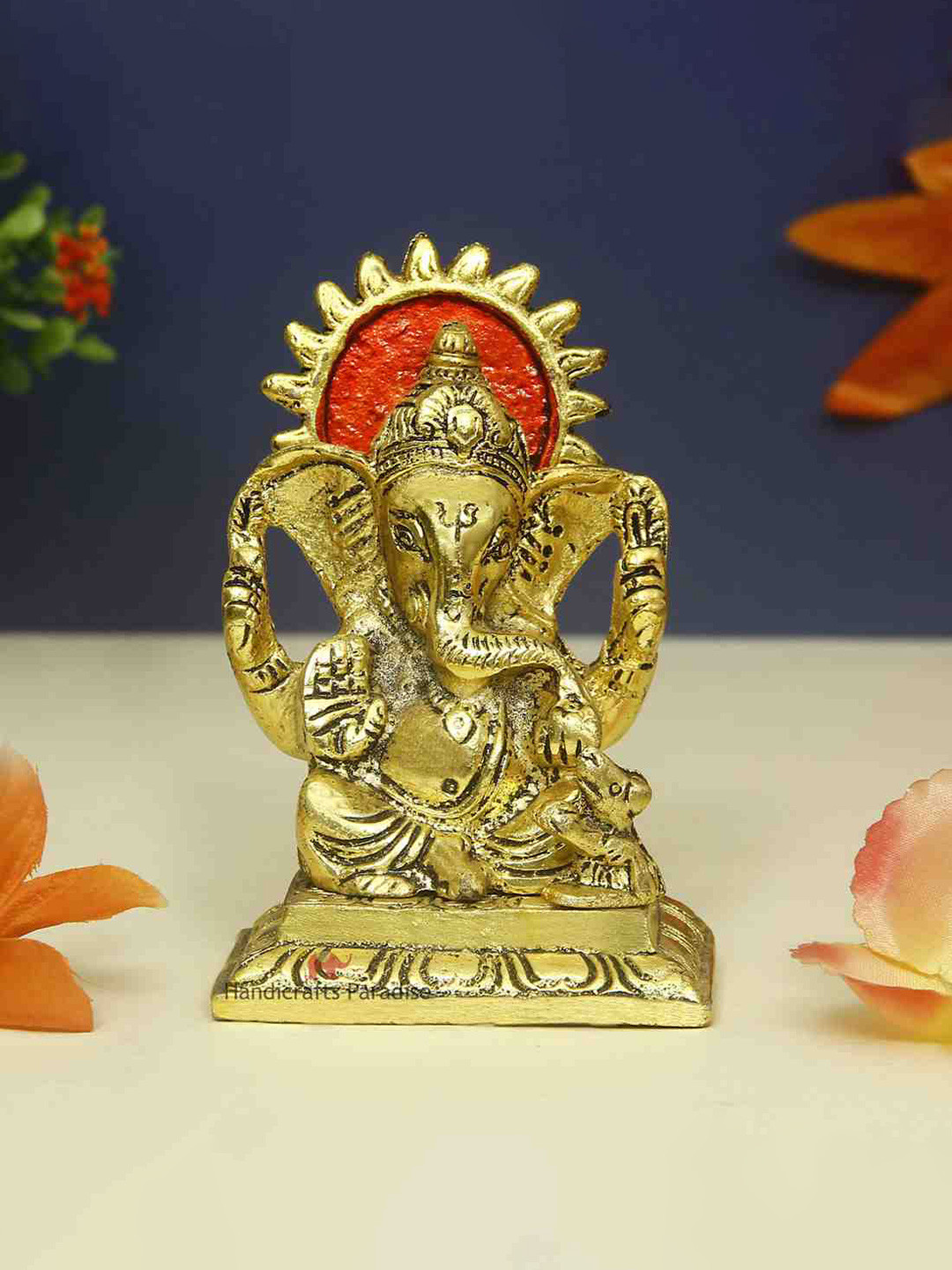 HANDICRAFTS PARADISE Ganesha Seated Gold Metal Metallic Prayer Room Small Showpiece - 5 Inches