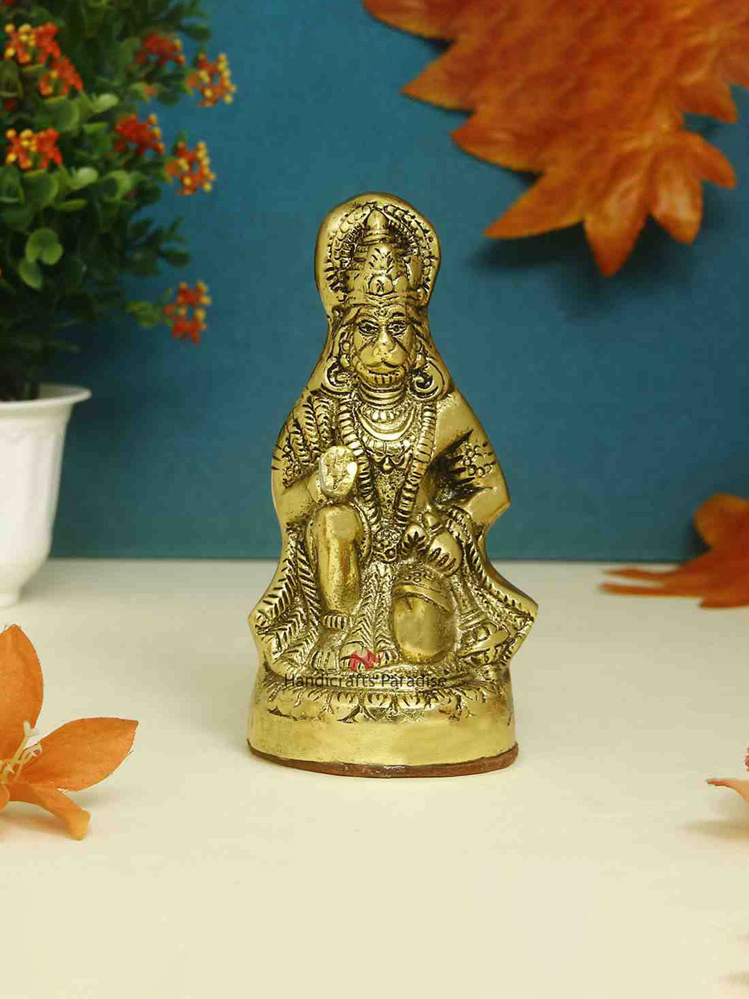 HANDICRAFTS PARADISE Hanuman Ji Sitting Gold Metal Metallic Prayer Room Music Small Showpiece - 6.5 Inches