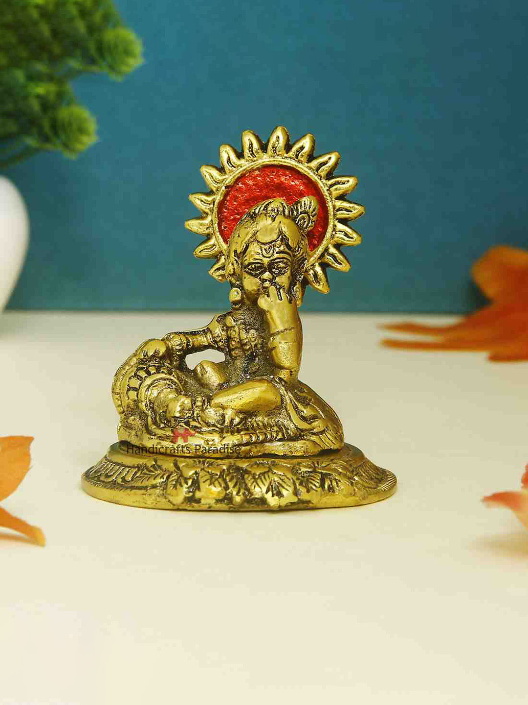 HANDICRAFTS PARADISE Bal Krishna Eating Butter From Handi Gold Metal Metallic Prayer Room Hand-Crafted Tiny Showpiece - 3.5 Inches