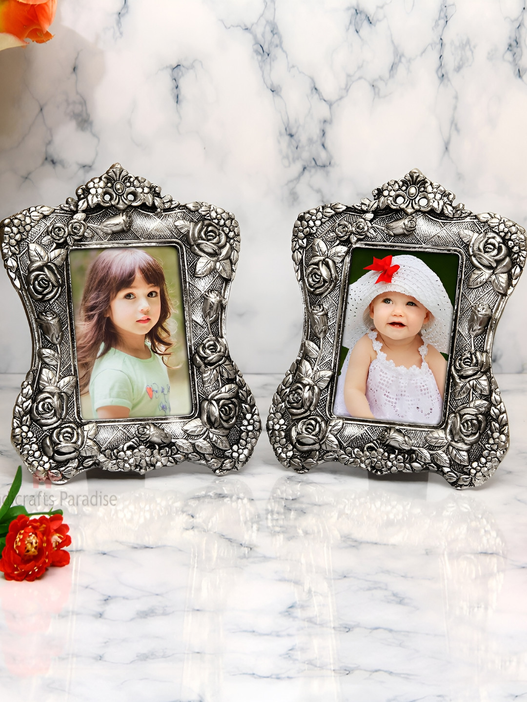 HANDICRAFTS PARADISE Photo Frame Pair Victorian Style Silver Metal Metallic Living Room Set of 2 Medium Showpieces - 0.5 Inches