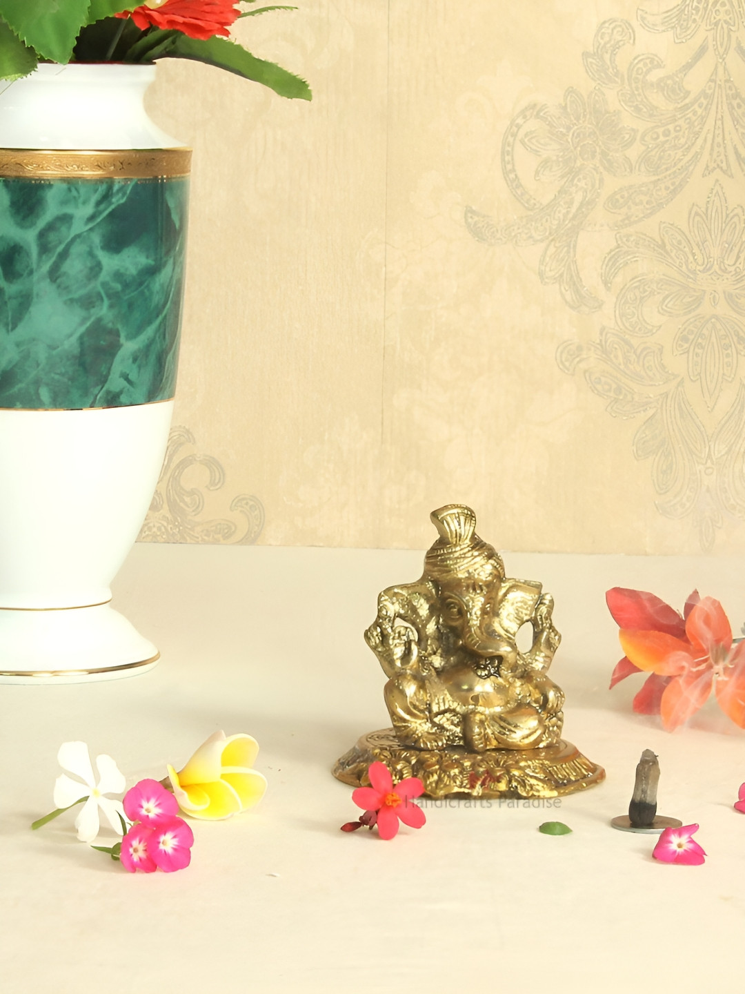 HANDICRAFTS PARADISE Ganesha Truban Gold Metal Metallic Prayer Room Medium Showpiece - 3.5 Inches