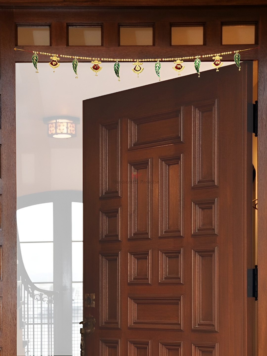 HANDICRAFTS PARADISE  Beige & Green Engraving Pattern Metal Traditional Hanging Toran