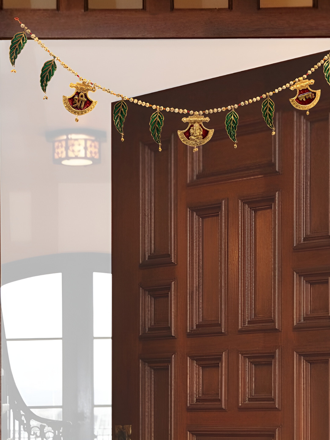 HANDICRAFTS PARADISE Beige & Green Metal Traditional Hanging Toran